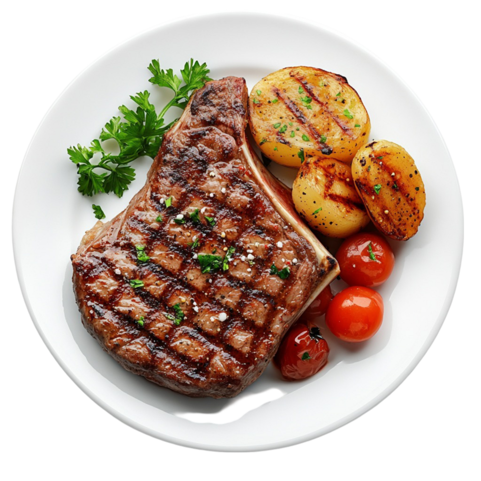 Grilled steak with potatoes and tomatoes png