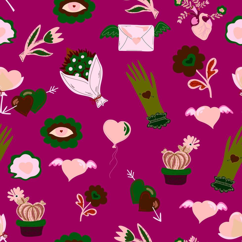 a pattern with flowers and hearts on a purple background vector