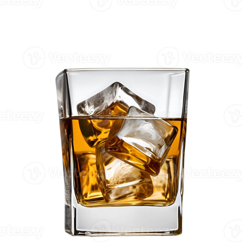 whiskey glass with ice cubes on transparent background png
