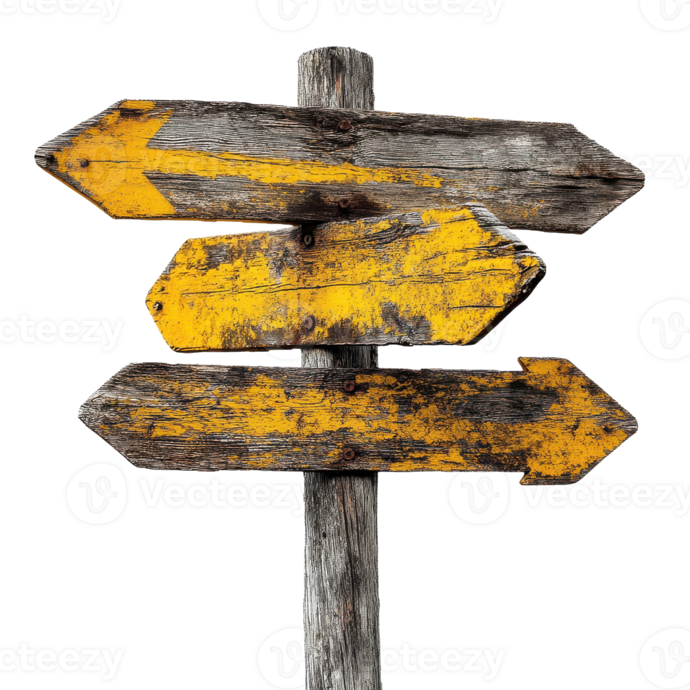 A wooden signpost with three arrows pointing in different directions png