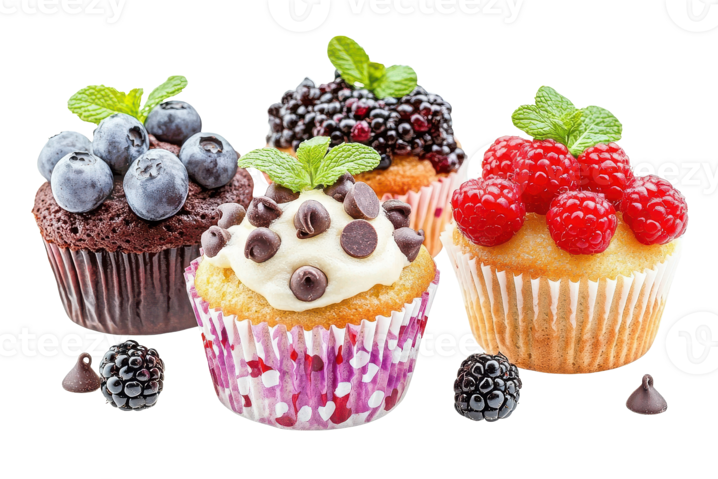 Four cupcakes with berries and chocolate chips png
