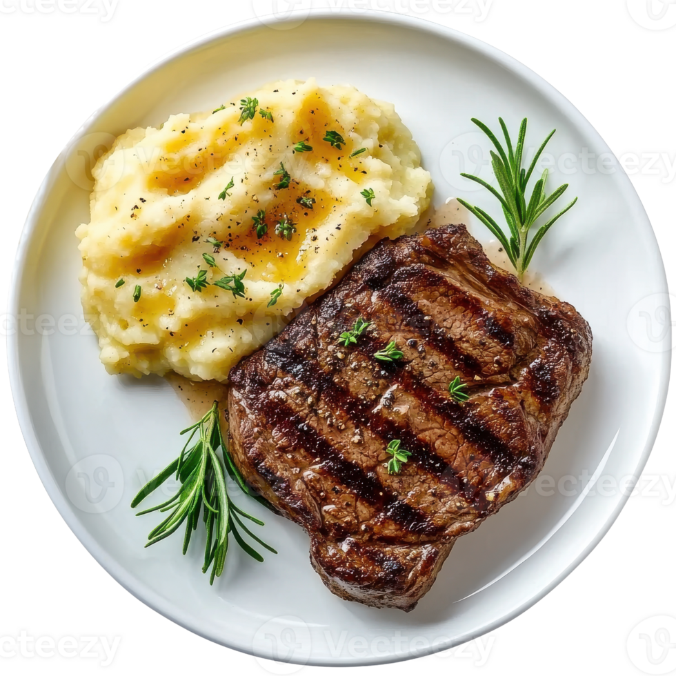 Grilled steak with mashed potatoes and rosemary png