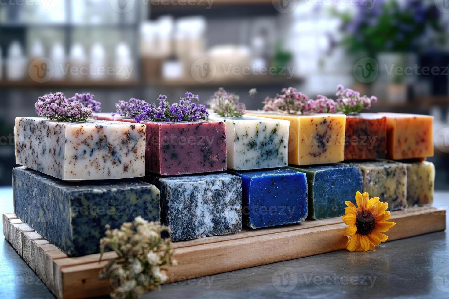 Various handcrafted soaps layered with vibrant colors and floral toppings are displayed on a wooden tray in a cozy soap shop featuring a natural ambiance photo