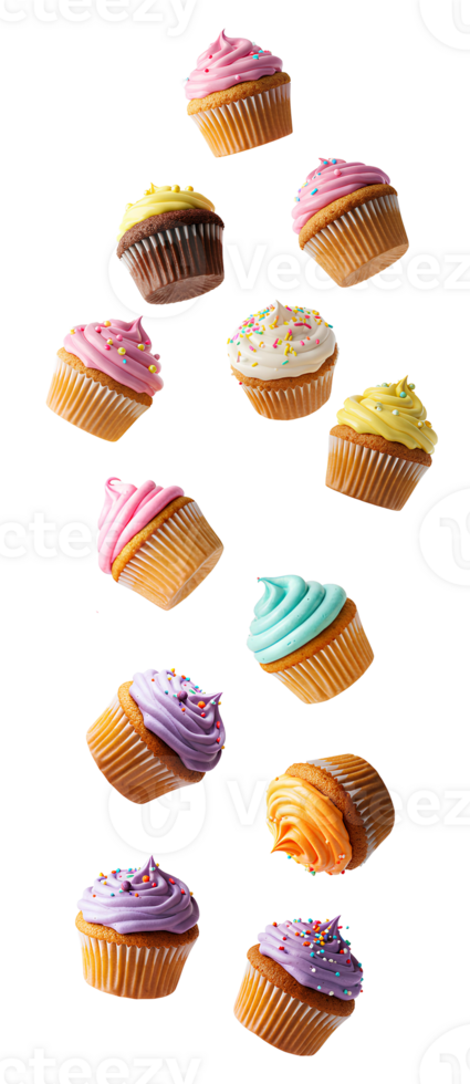 Cupcakes falling down High-quality of colorful cupcakes tumbling mid-air perfect for bakery ads dessert blogs or playful food presentations isolated on transparent background png
