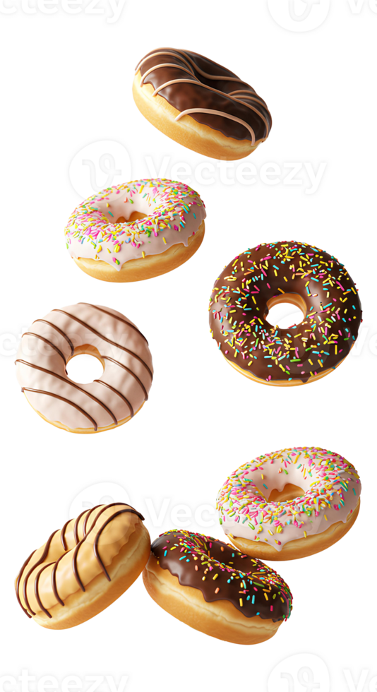 donuts falling down . Chocolate donut with sprinkles on top flying isolated. Strawberry jam donut falling . Circular donut dessert for food content isolated png