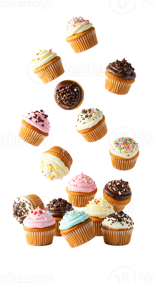 Different colored muffins flying isolated Vibrant of assorted muffins soaring through the air ideal for creative food campaigns baking tutorials or whimsical designs isolated png