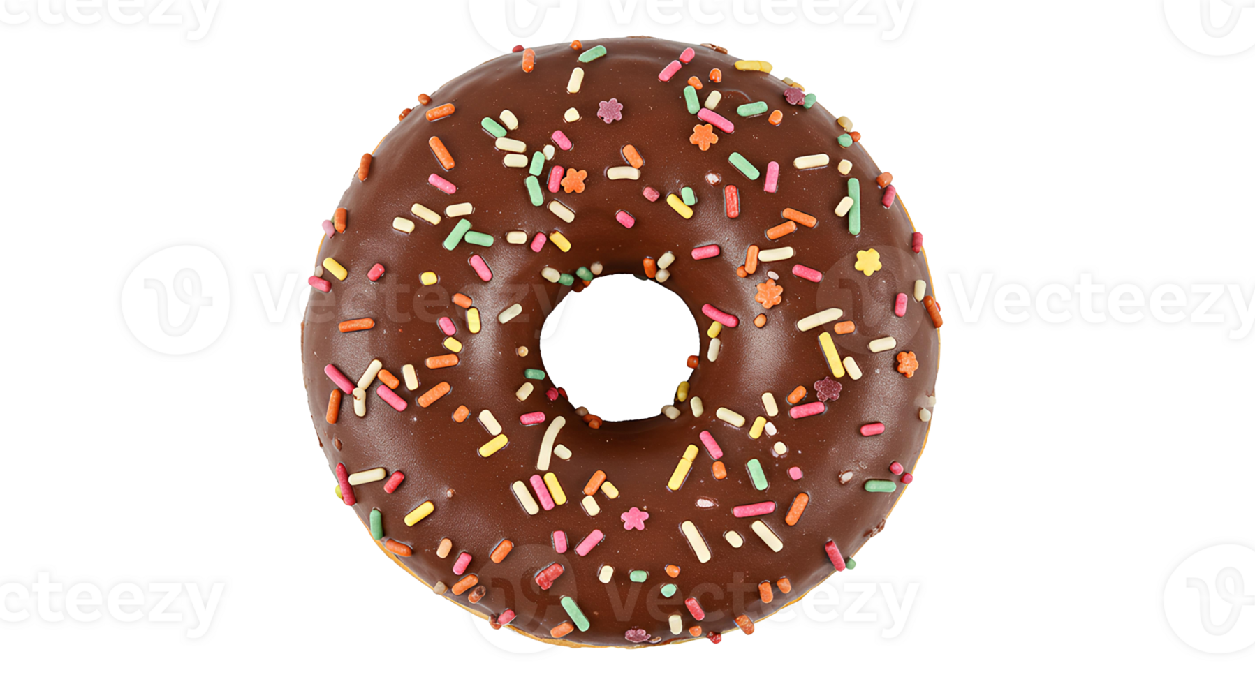 chocolate donut top view . chocolate doughnut flat lay isolated. chocolate donut dessert with sprinkles on top isolated for tasty food and desserts campaigns png
