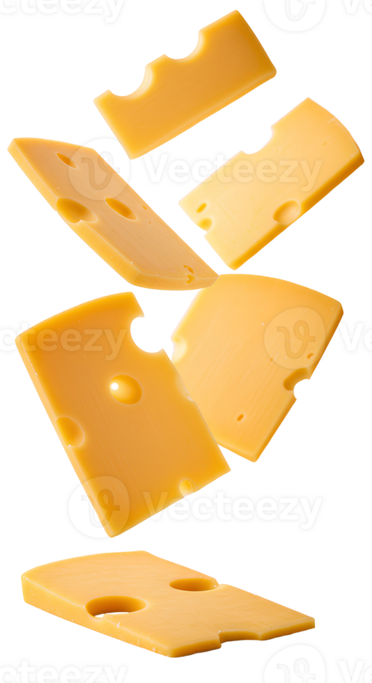 Cheese chunks and slices dropping from above . Delicious cheese in motion, symbolizing fresh dairy products png