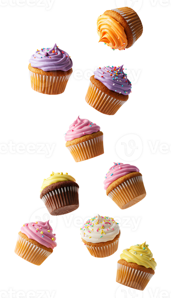 Falling cupcakes isolated on transparent background Dynamic of cupcakes cascading down great for dessert promotions bakery branding or fun social media content png