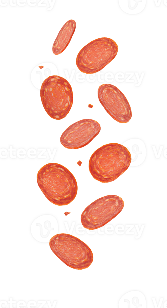 pepperoni falling down set . Pepperoni slices flying isolated. pizza topping pepperoni salami for culinary graphics png