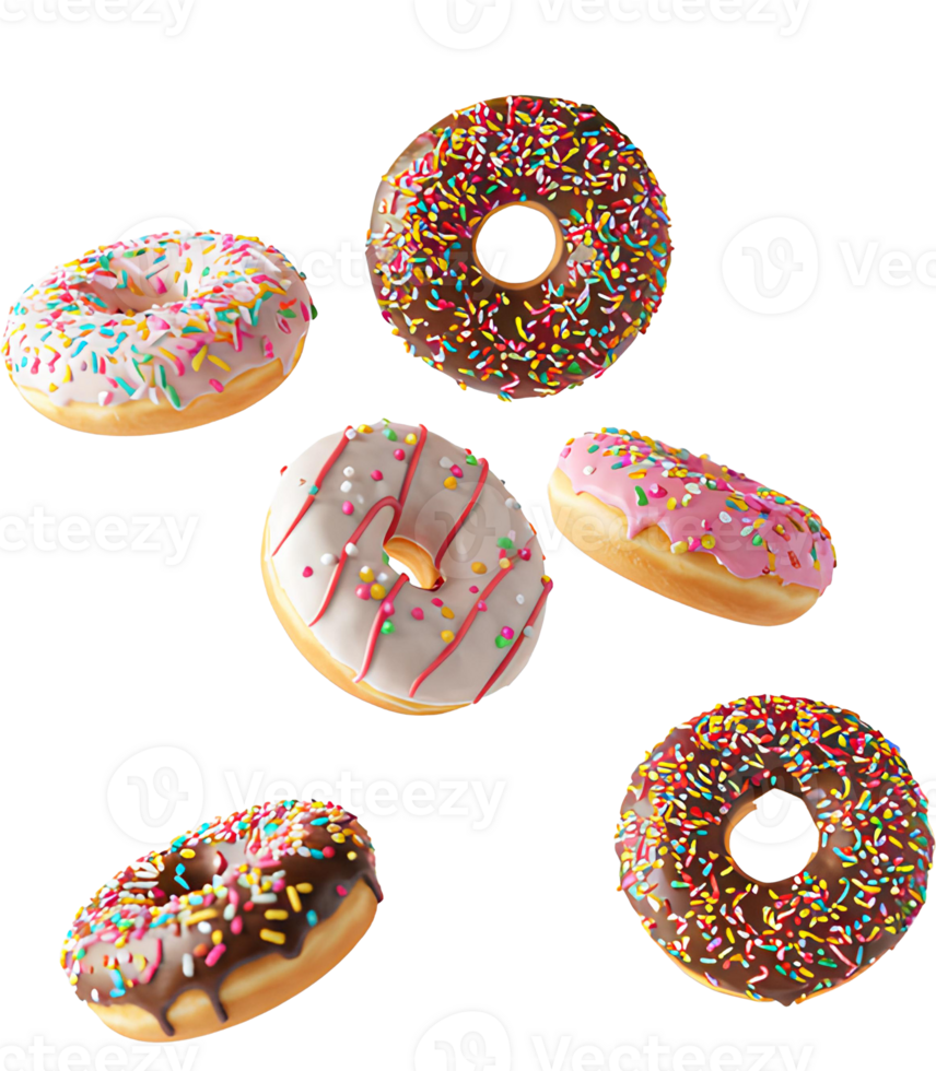 delicious donuts dropping transparent background food photography dessert trend bakery supplies cooking inspiration recipe blog design element graphic asset digital resource visual effect png