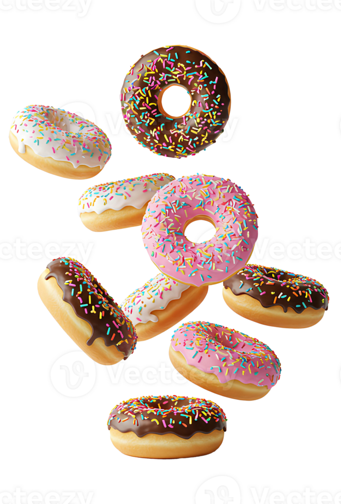 falling donuts transparent background food graphics bakery visuals dessert animation graphic design elements clipart collection social media post content creation marketing material advertising png