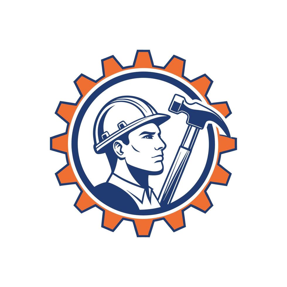 A man in a hard hat holding a hammer vector