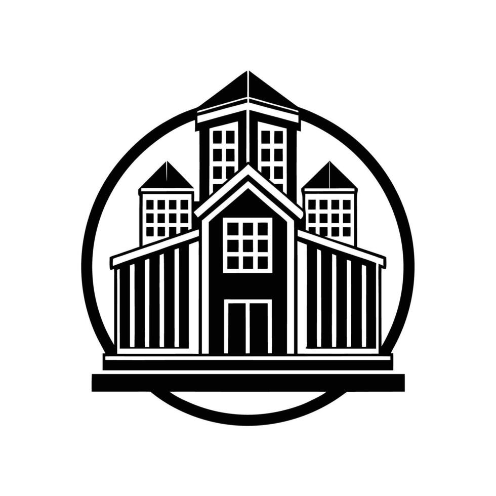 A black and white logo of a building vector