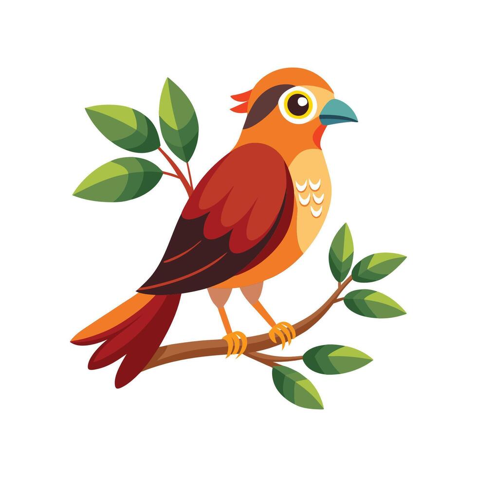 A cartoon bird sitting on a branch with leaves vector