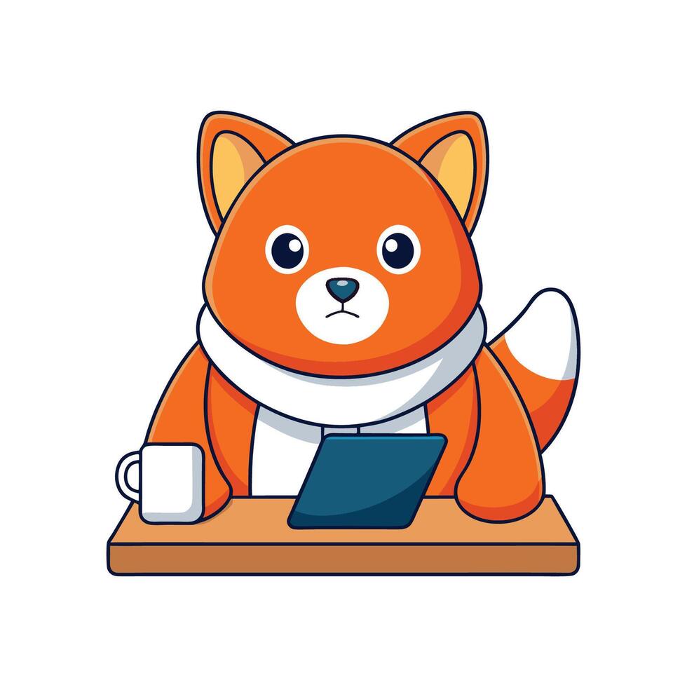 A cartoon fox sitting at a desk with a laptop vector