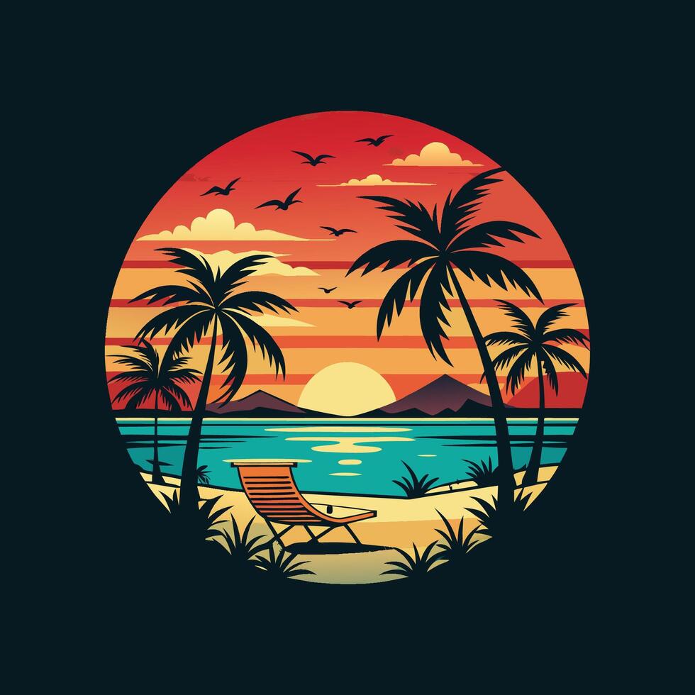 A sunset with palm trees and a chair on the beach vector