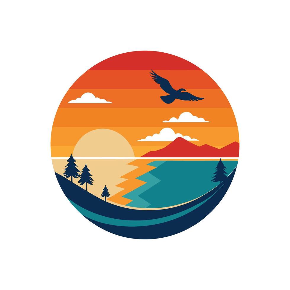 A sunset with a bird flying over the ocean and mountains vector