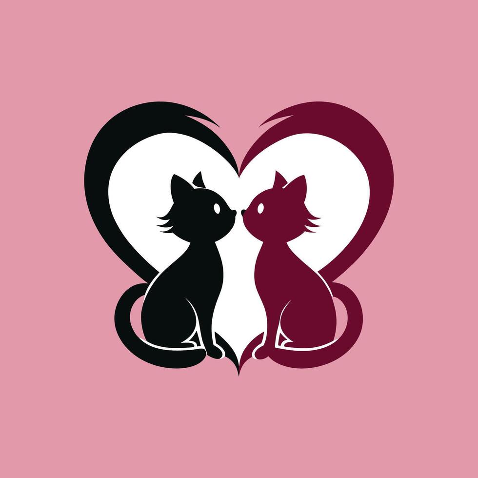 Two cats are sitting in front of a heart shaped background vector
