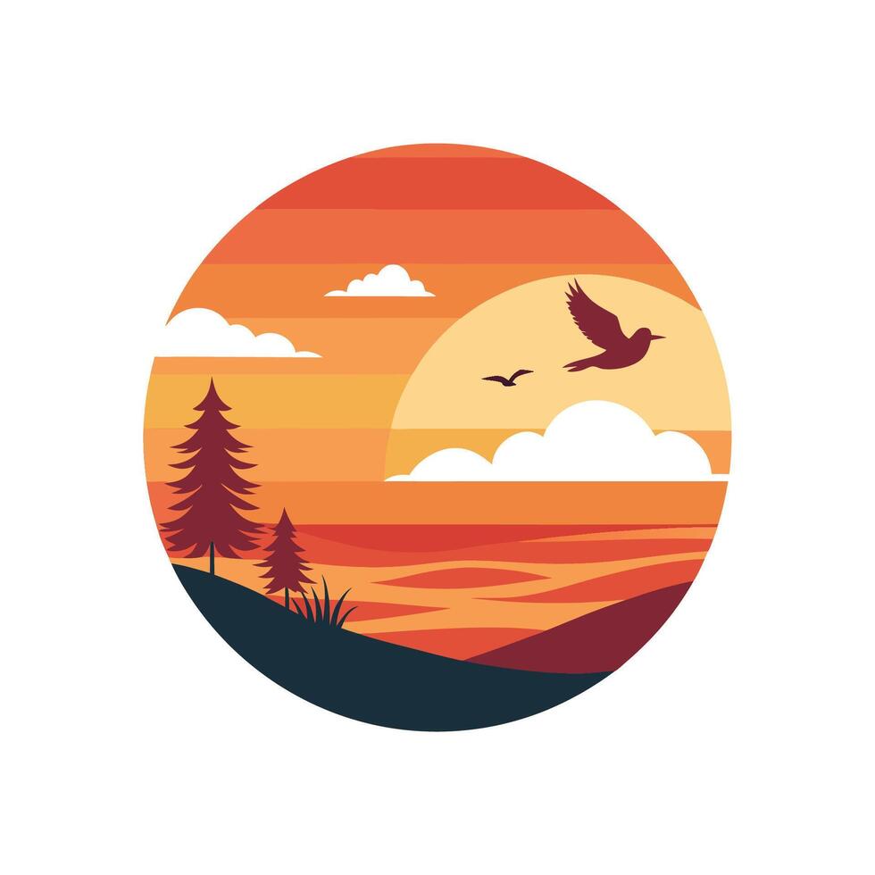A bird flying over the ocean and trees at sunset vector