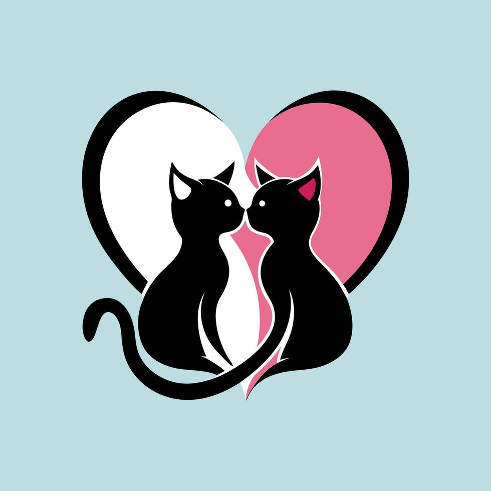 Two black cats are sitting in front of a heart vector