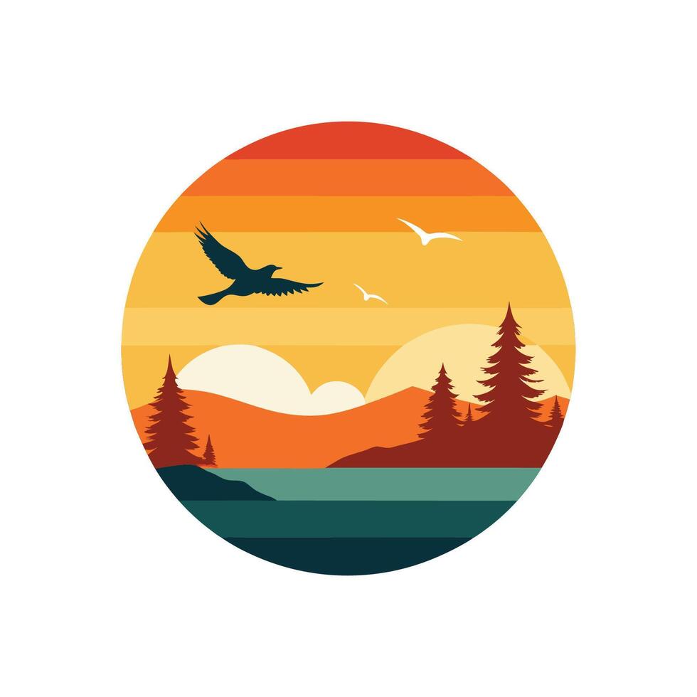 A bird flying over a lake and mountains at sunset vector