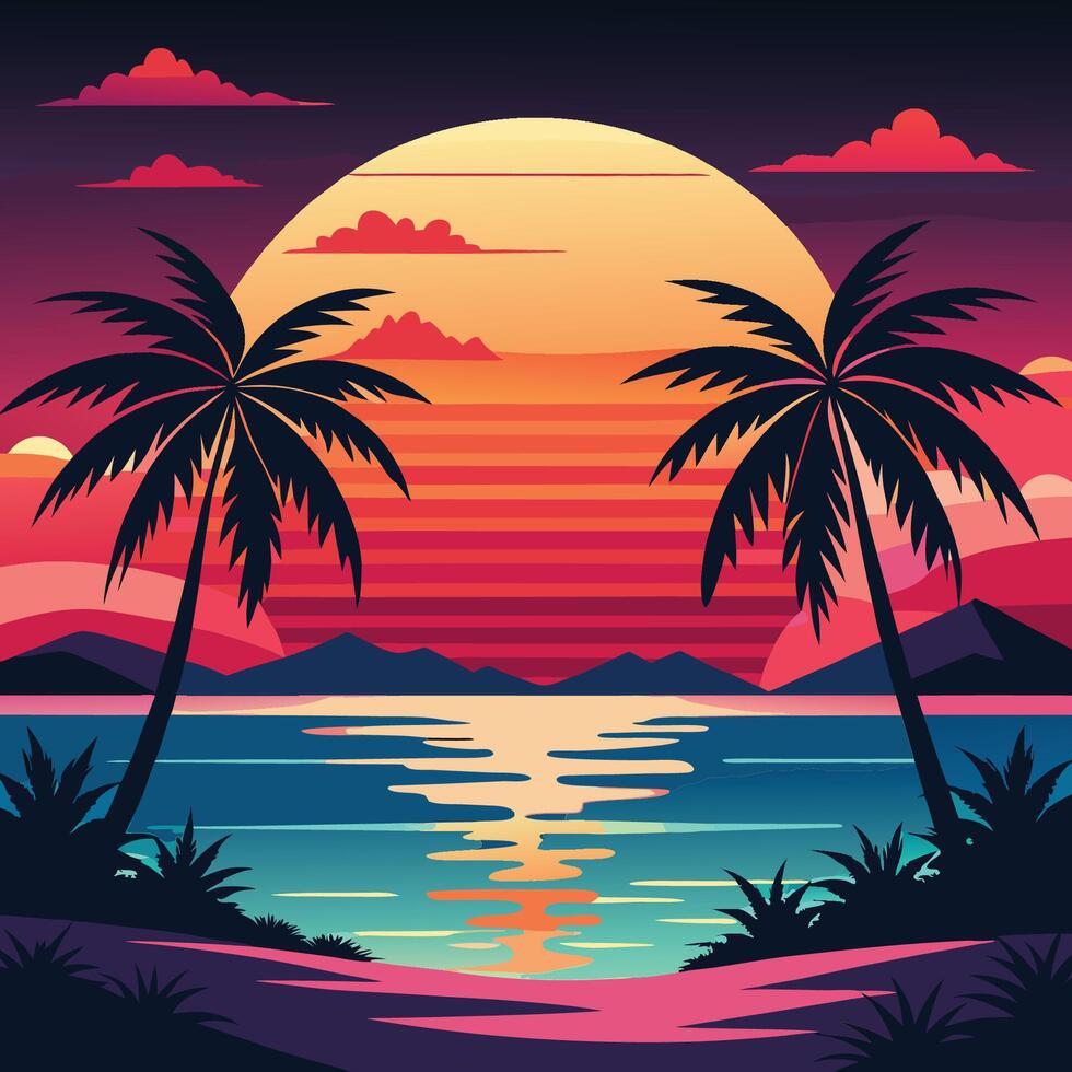 Tropical sunset background with palm trees and the ocean vector