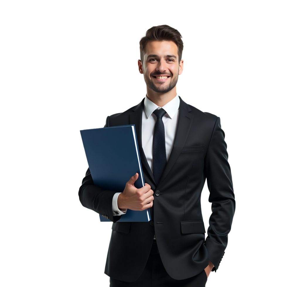 A smiling man in a suit holding a folder png