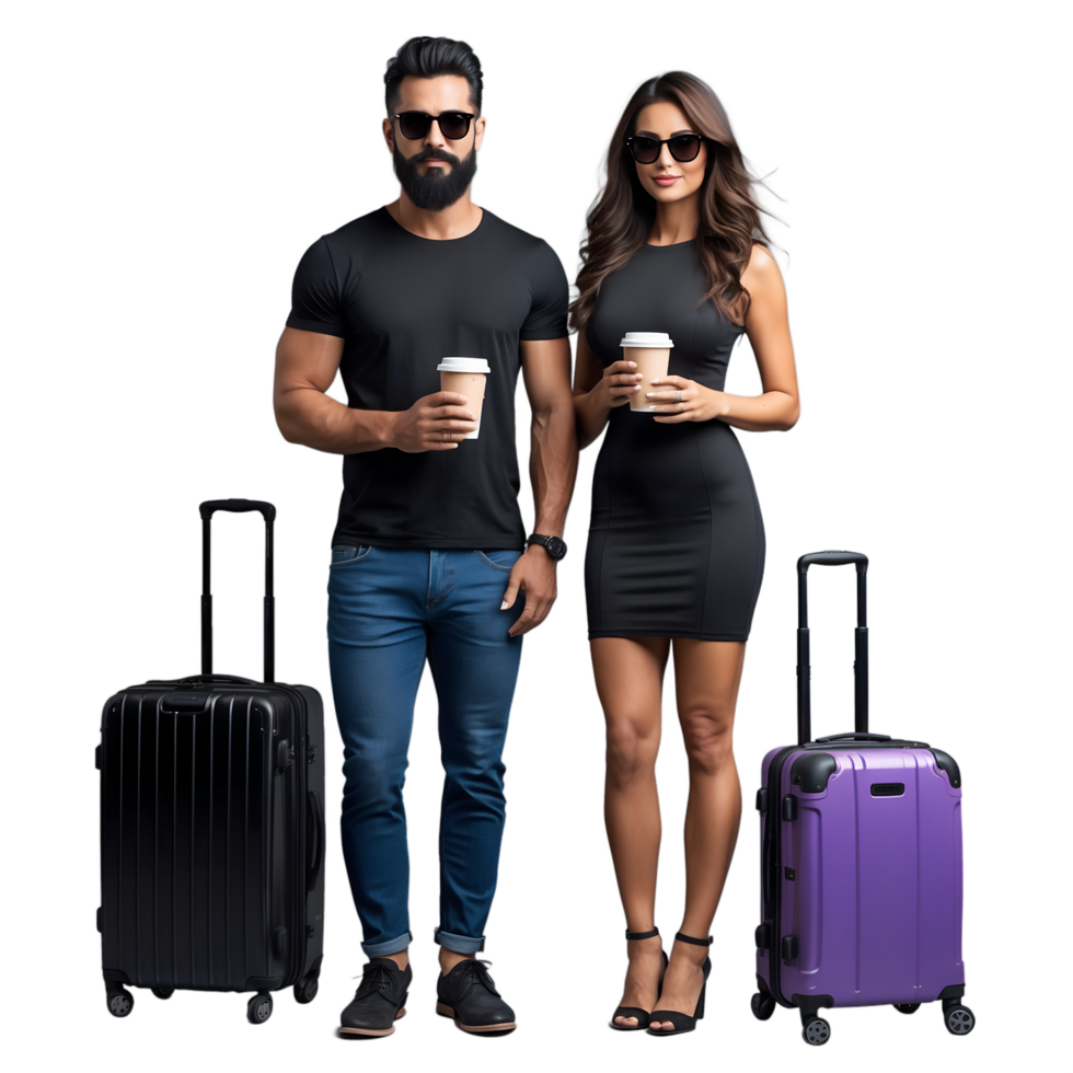 A man and woman standing next to two suitcases png