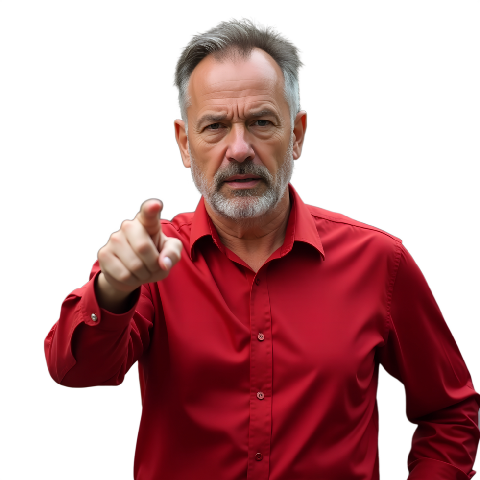 A man in a red shirt pointing at something png