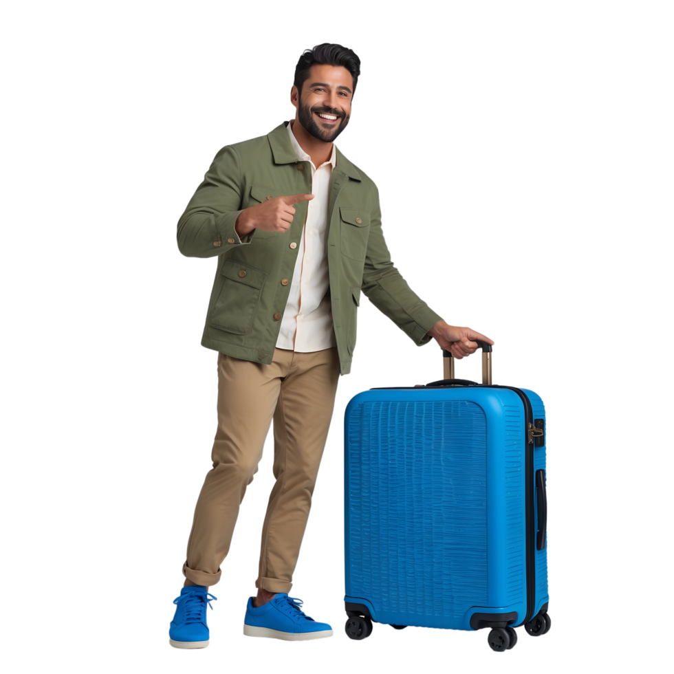 A man holding a blue suitcase with his thumb up png