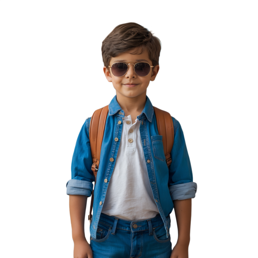 A young boy wearing sunglasses and a denim jacket png