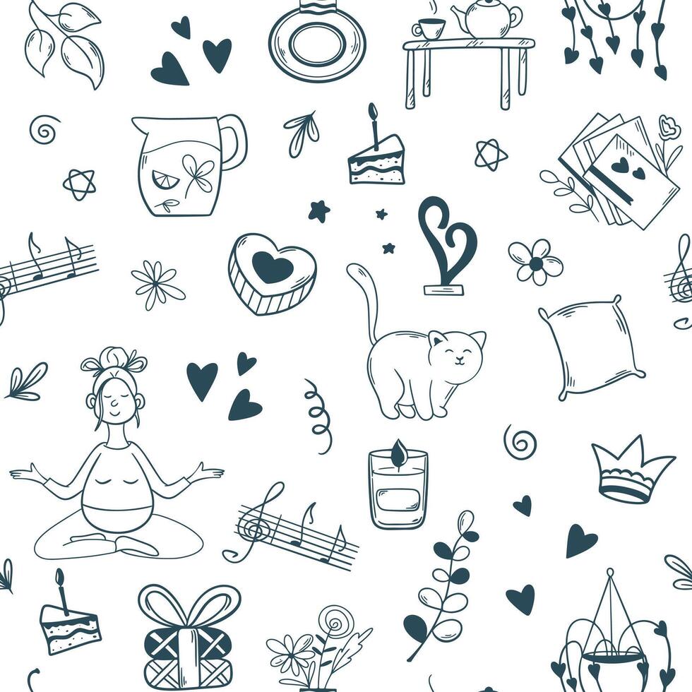 Relaxation and recuperation energy seamless pattern doodle style vector