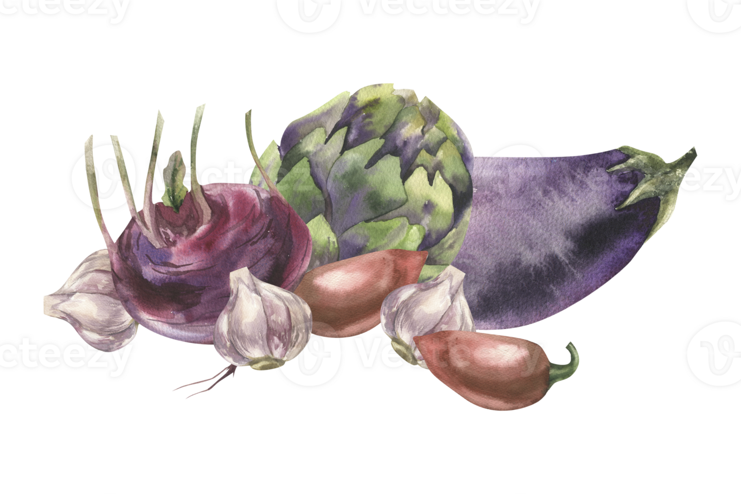 Fresh vegetables watercolor illustration with artichoke,eggplant, pepper, garlic and kohlrabi element. Hand drawn vegan food isolated clipart, organic eco food painting for label, logo, packing design png