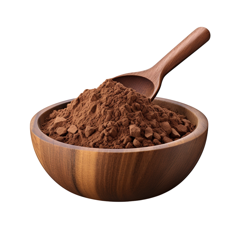 Wooden bowl filled with rich brown cocoa powder with a wooden spoon png