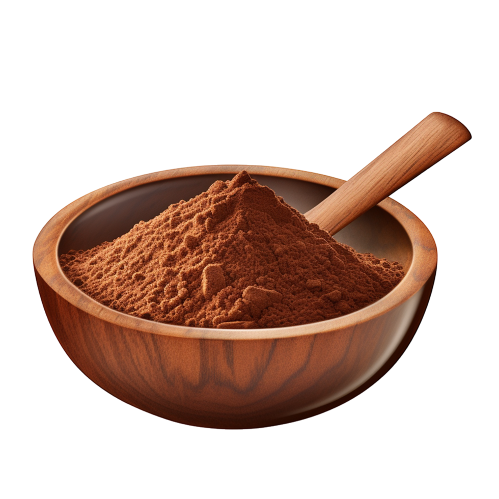 Wooden bowl filled with fine cocoa powder and wooden spoon isolated png