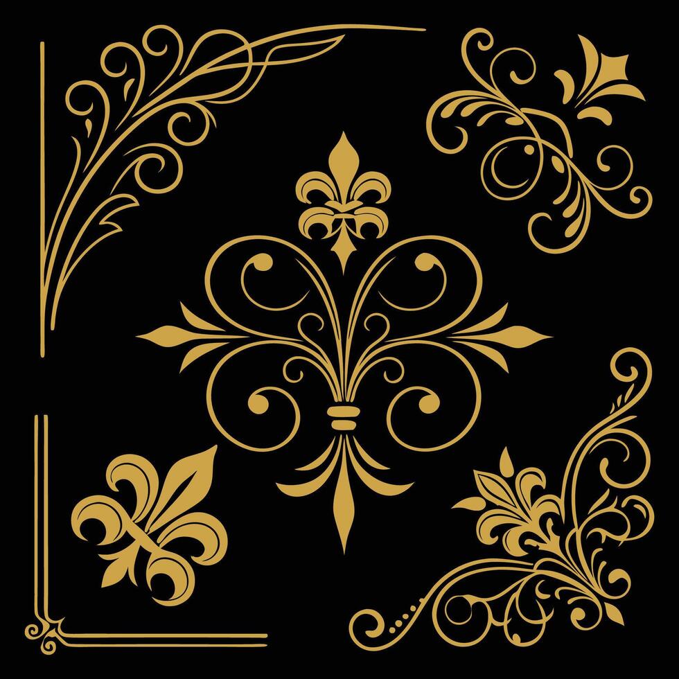 golden floral design elements on black background vector