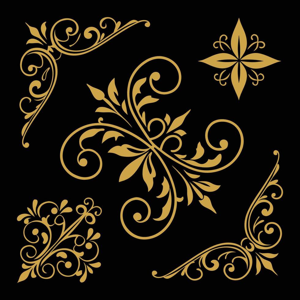 golden floral pattern elements on black background vector