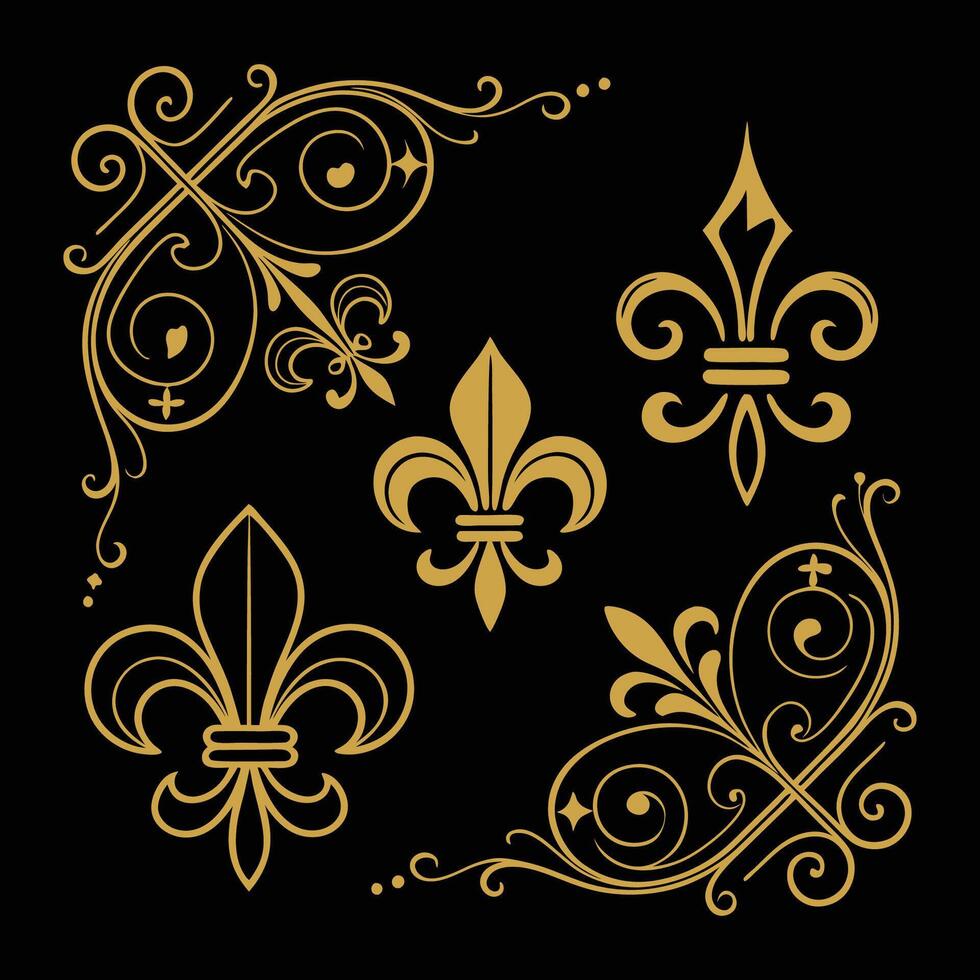gold fleur pattern design elements on black background vector