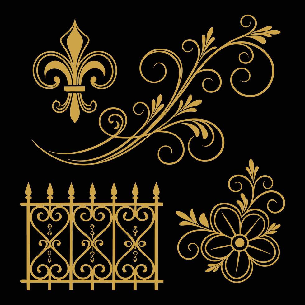 ornamental elements set, gold, on black background vector