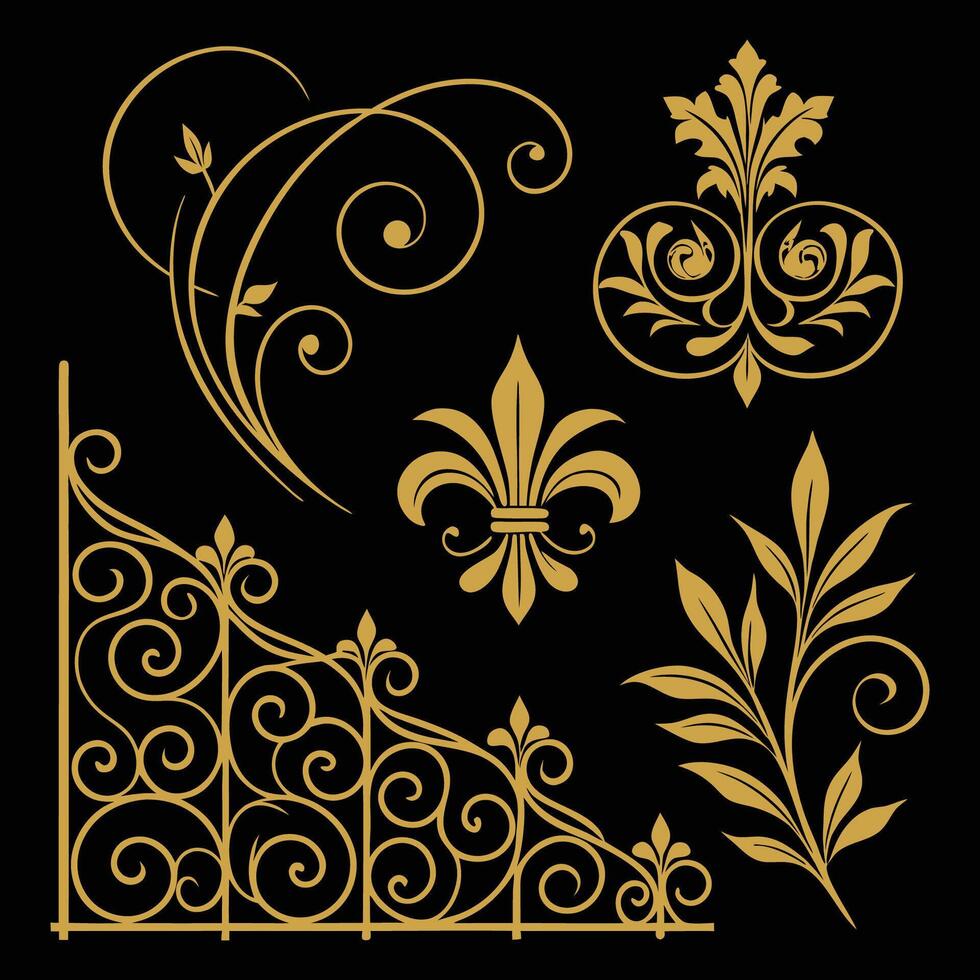 ornamental elements set, gold on black background vector