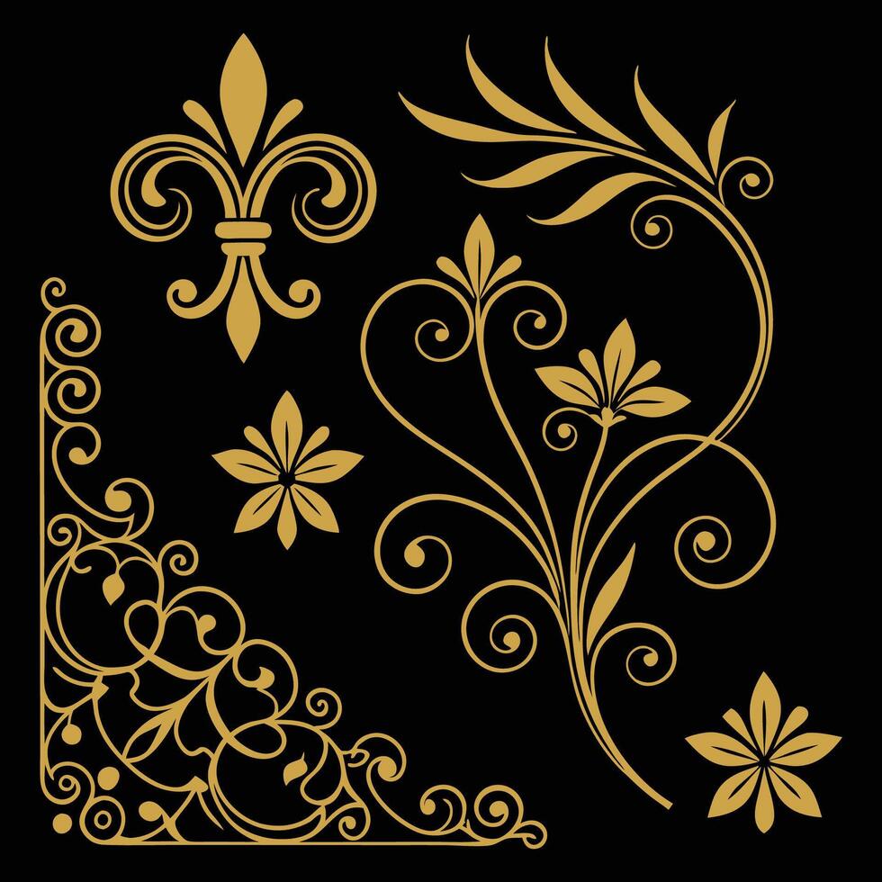 golden floral design elements set on black background vector