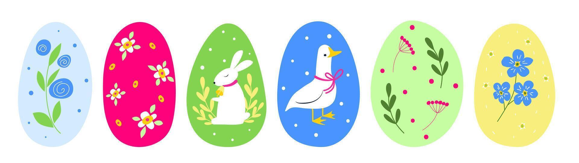 Spring and Easter set of cute eggs with goose, rabbit and flowers, green branches and decorations. Good for poster, card, scrapbooking , tag, invitation, sticker kit. Hand drawn illustration. vector