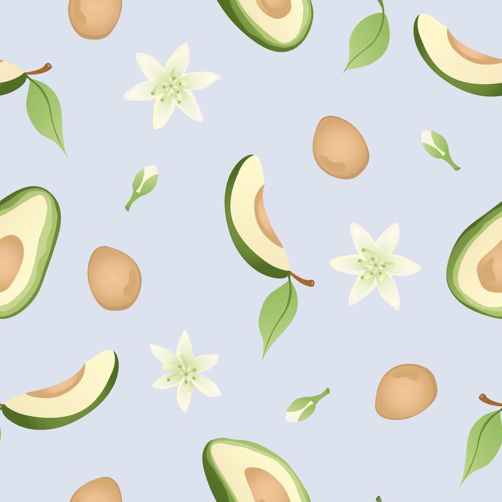 Seamless pattern with hand drawn green avocado halves on blue background. Fresh organic vegetable, healthy, vegan, raw food. vector