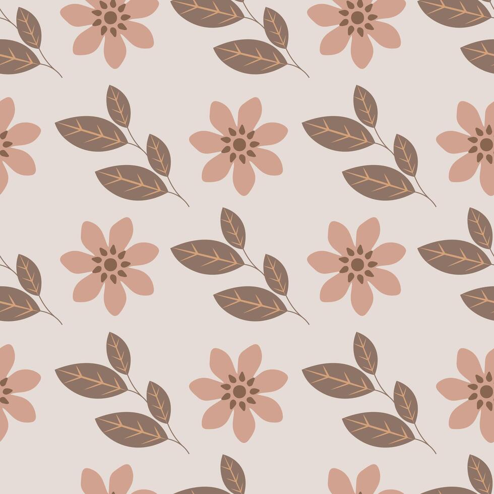 Seamless pattern with brown flowers and leaves on a beige background vector