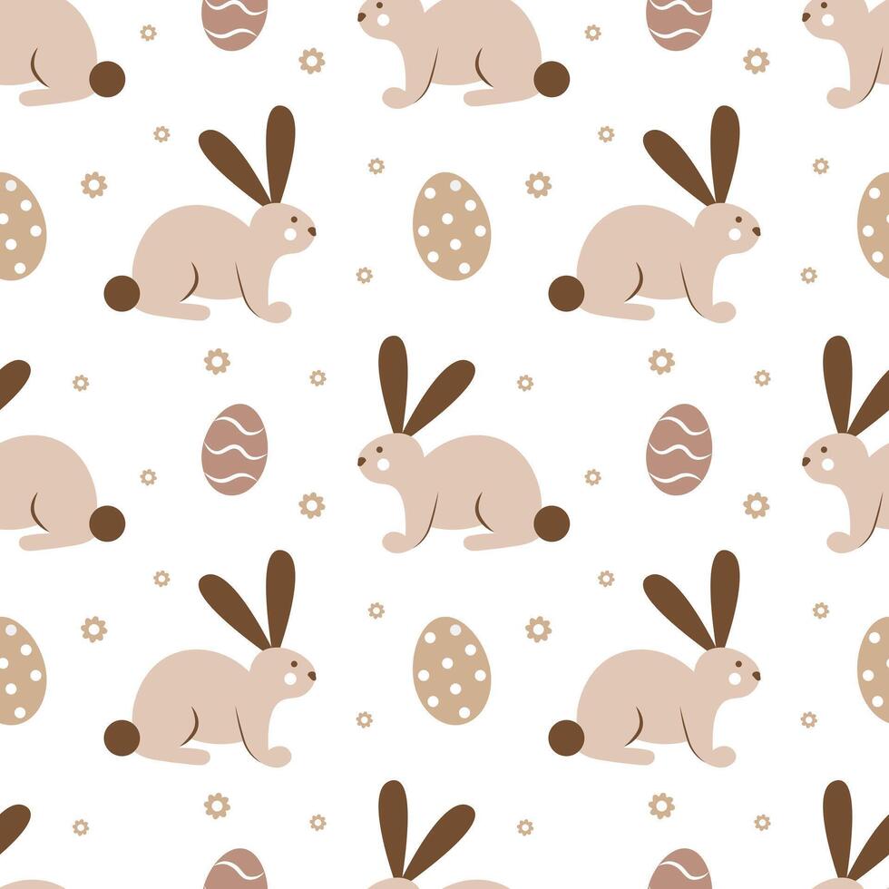 Seamless pattern with brown bunnies and easter eggs on a white background vector