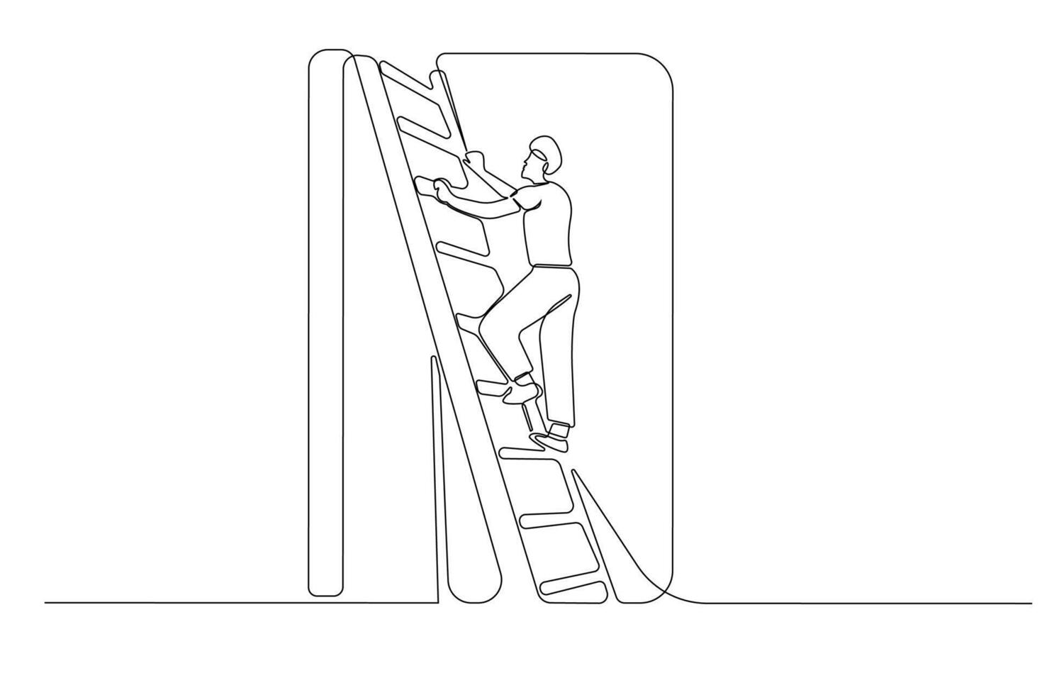 Man climbing wall with ladder continuous line art drawing. vector