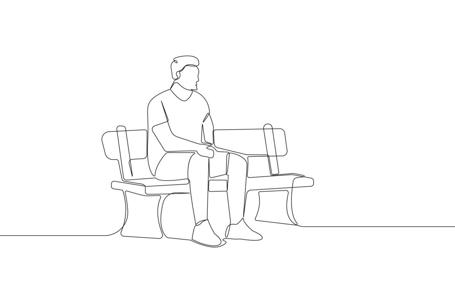 Man sitting on wooden bench continuous line drawing. vector