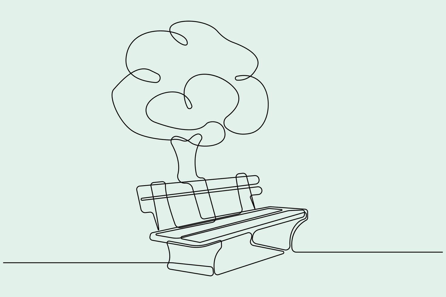 Wooden bench with a tree continuous line drawing. Park with tree and bench theme background. vector