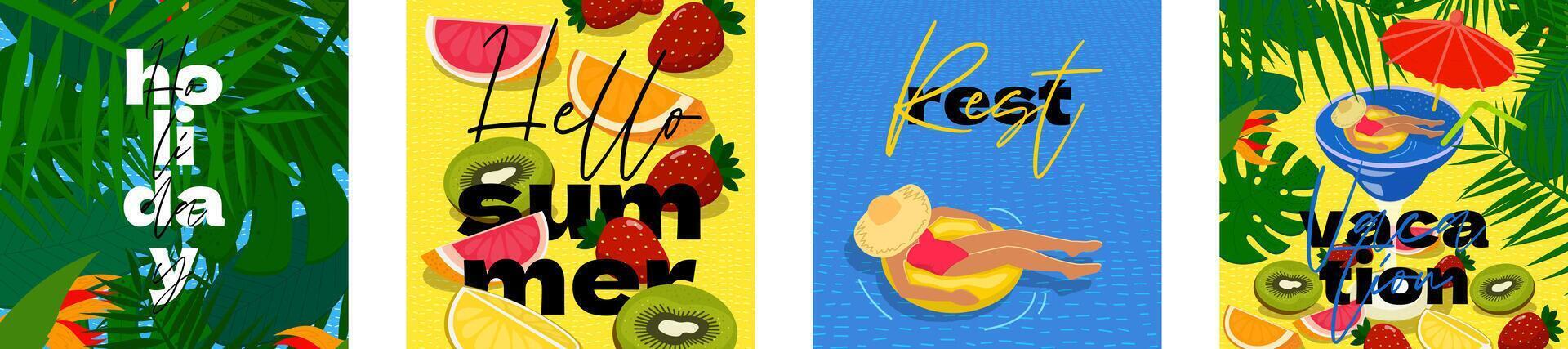 Bright tropical illustration square banner set featuring relaxing woman under palm tree with cocktail. Perfect for summer vacation cards, beach party flyers and holiday themed designs. vector